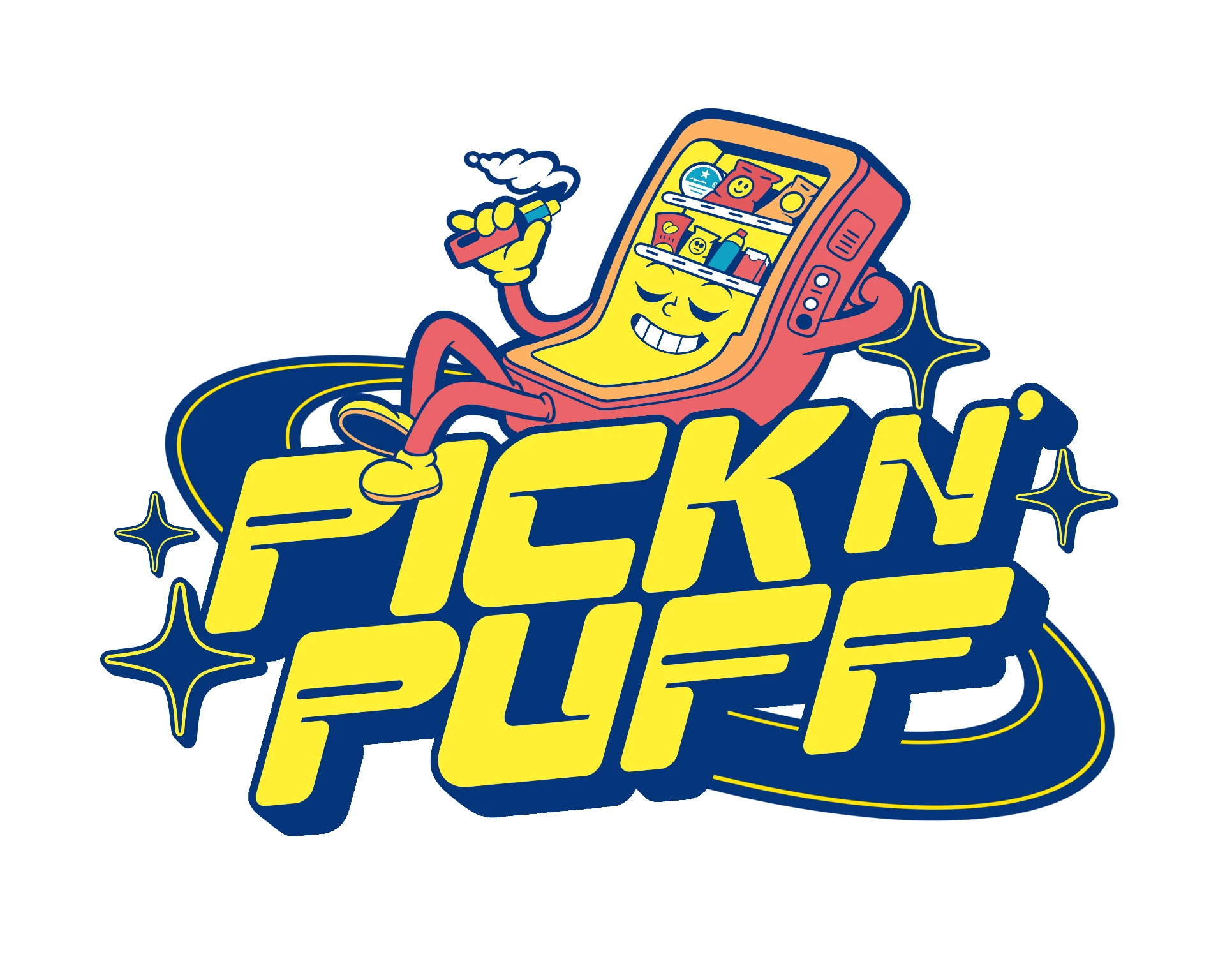 PICK N' PUFF vape vending machine mascot logo